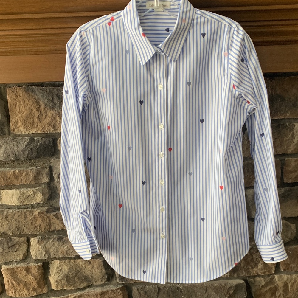 Coldwater Creek Blue Striped Button Down Shirt with Hearts 6p